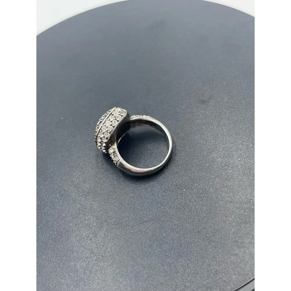 Sterling Silver Signed Ring Marcasite Crystal Cocktail Ring Vintage Style Size 8